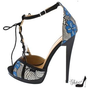 Alba Shoes - Riley Black & Blue Lace T-Strap Open Toe Heels Alba Shoes - Riley Black & Blue Lace T-Strap Open Toe Heels